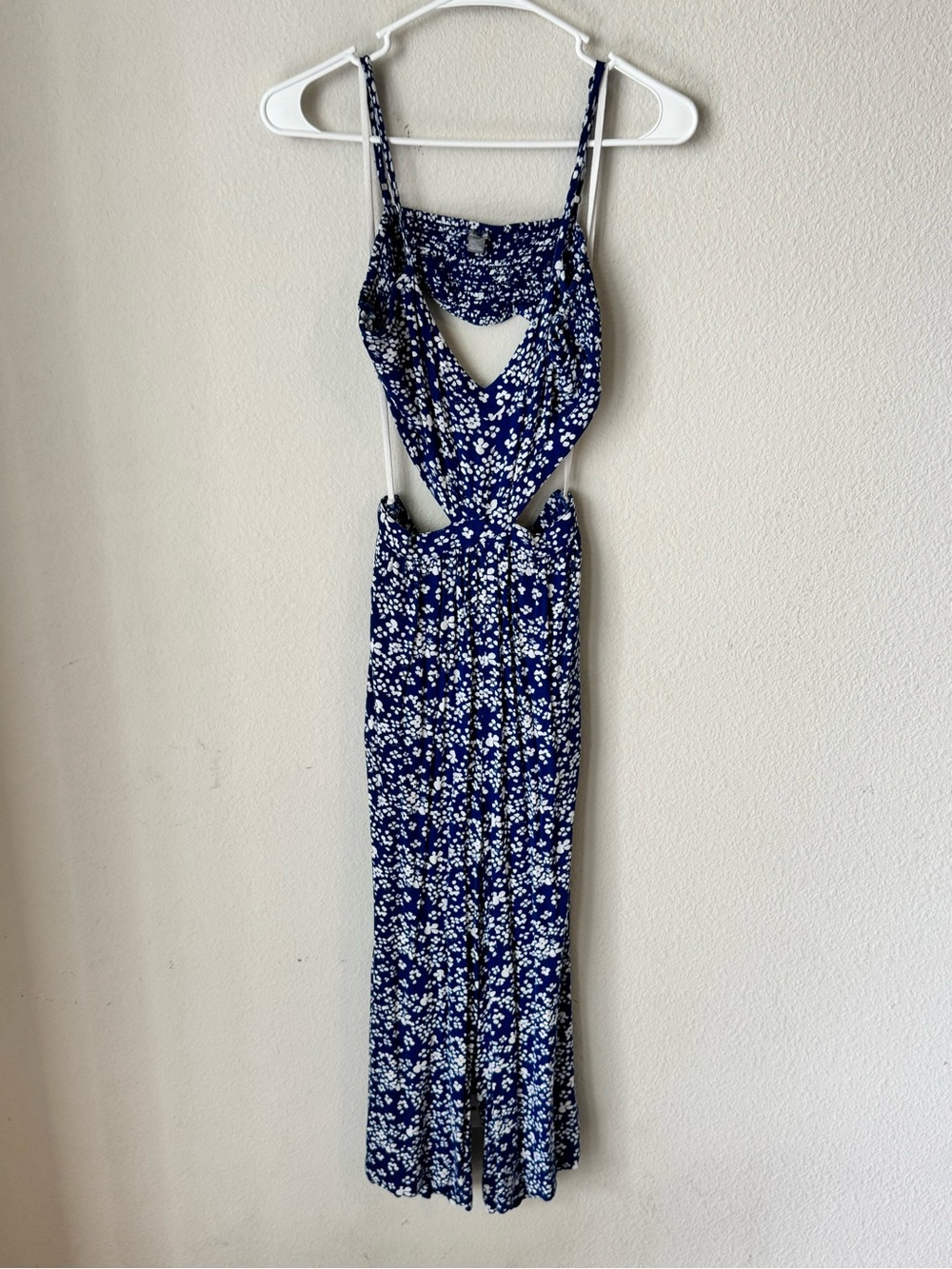 Aerie Blue Floral Wide Leg Cutout Jumpsuit Womens Medium Smocked Back Summer
